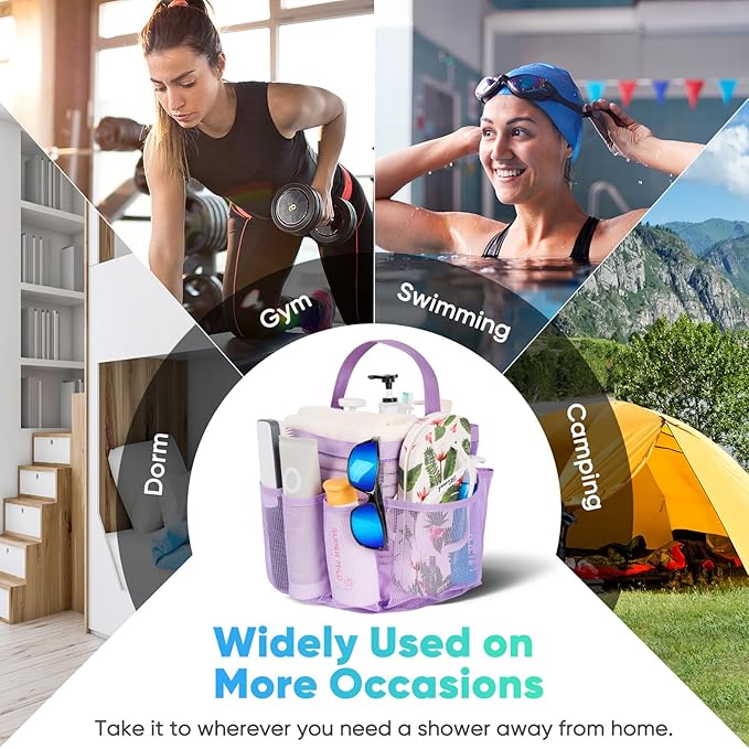 EUDELE 2 Pack Mesh Shower Caddy Portable for College Dorm Room Essentials, Shower Caddy Dorm with 8-Pocket Large Capacity,Shower Bag for Beach,Swimming,Gym All Black+All Purple