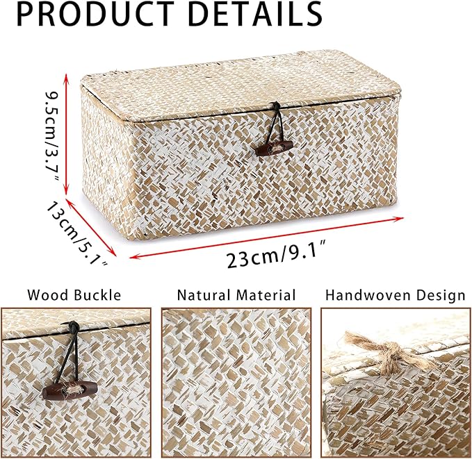 Hipiwe Wicker Shelf Baskets with Lid, Woven Seagrass Storage Basket Bin Rectangular Household Basket Boxes for Shelf Home Organizer and Decor, Whitewash X-Small