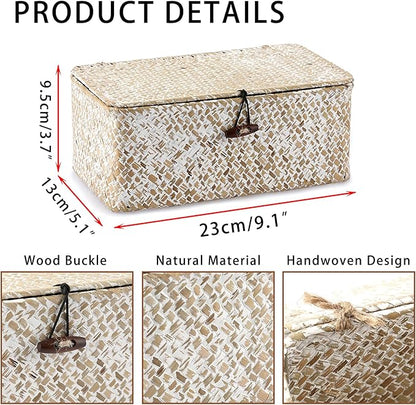 Hipiwe Wicker Shelf Baskets with Lid, Woven Seagrass Storage Basket Bin Rectangular Household Basket Boxes for Shelf Home Organizer and Decor, Whitewash X-Small