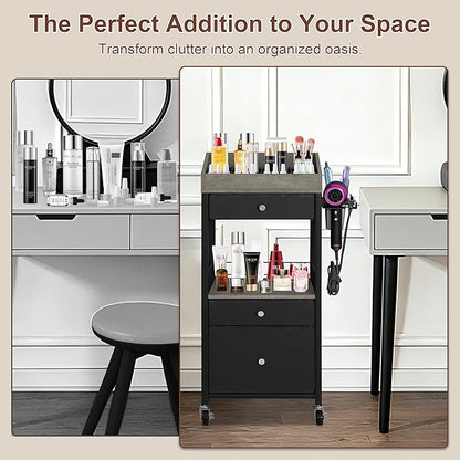 Makeup Organizer Cart with 3 Drawers, Rolling Cosmetic Storage Cart with Adjustable Dividers, Detachable Hair Tool Holder & Lockable Wheels, Vanity Organizer for Small Spaces, Black & Grey