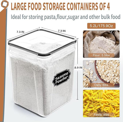 PRAKI Large Airtight Food Storage Containers 5.2L / 195oz, 4pcs Pantry Kitchen Organizers and Storage for Flour, Sugar, Baking Supplies, BPA Free, Plastic Flour Containers with 20 Labels & Maker