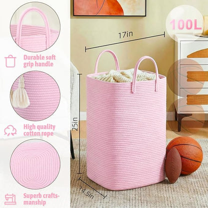 Artfeel Laundry Basket,Woven Cotton Rope Laundry Hamper,100L Versatile Storage for Dirty Clothes,Baby Toys,and Blankets in Bathroom, Nursery,and Living Room