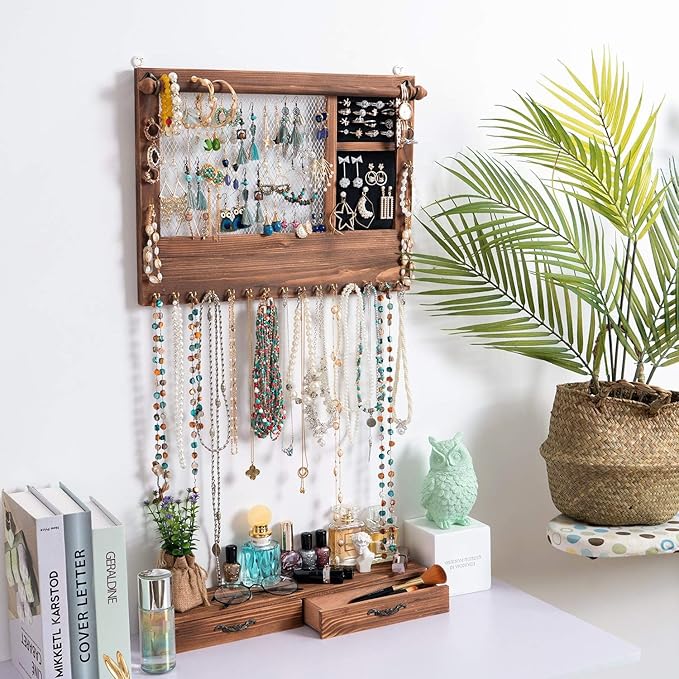 Jewelry Wall Organizer Wall Mounted, Jewelry Hanger Display Rack Earring with Drawers, for Earring/Stud/Ring/Necklace/Bracelets Accessories Bangles Holder Girls Gift (brown)