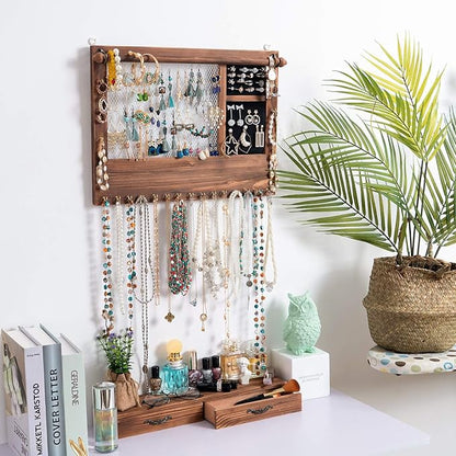 Jewelry Wall Organizer Wall Mounted, Jewelry Hanger Display Rack Earring with Drawers, for Earring/Stud/Ring/Necklace/Bracelets Accessories Bangles Holder Girls Gift (brown)