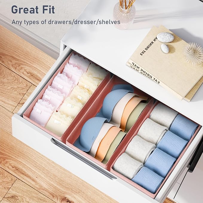 DIMJ Drawer Organizer Clothes - Underwear Organizer Closet Organizers and Storage Box Dresser Organizer,Drawer Dividers for Baby Clothes,Bra,Socks, Belt, Tie, Set of 6,Pink