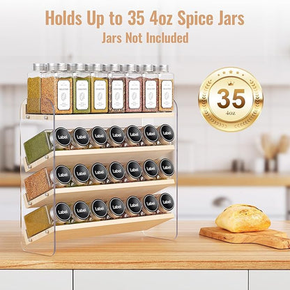 MUDEELA Clear Spice Rack Organizer for Cabinet, 4 Tiered Vertical Spice Shelf, Wooden Seasoning Organizer for Countertop, Kitchen, Pantry, Freestanding, 13.3" W × 11.2" H (No Jars Included)