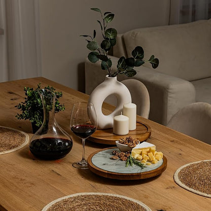 Rickby, 12" Premium Acacia Wood Lazy Susan Turntable for Table Top with Removable Marble Texture Glass Plate, Wooden Lazy Susan for Dining Table Centerpiece & Kitchen Countertop