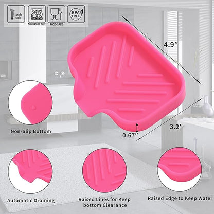MicoYang Silicone Bathroom Soap Dishes with Drain Spout-Bathroom and Kitchen Sink Organizer,Sponge Holder,Dish Soap Tray,Perfect for Dispenser,Scrubber,Bottle,Cup on Sink or Counter-Rose 4.9"×3.2"