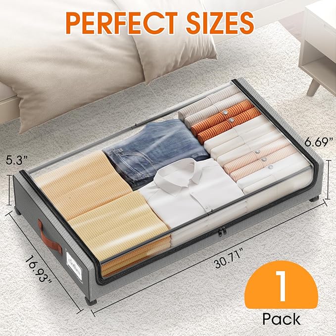 SpaceHacks Under Bed Storage with Wheels 1Pack Underbed Storage with Clear Window&Label Under Bed Drawers Large Capacity Rolling Under Bed Storage for Clothes,Shoes, Blankets (Light Grey)
