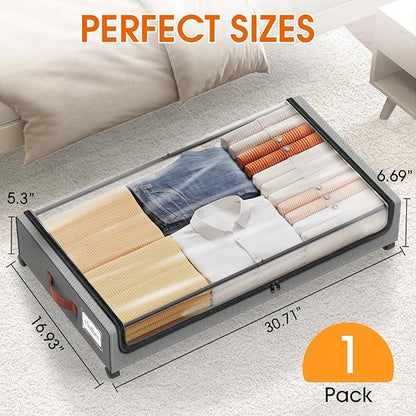 SpaceHacks Under Bed Storage with Wheels 1Pack Underbed Storage with Clear Window&Label Under Bed Drawers Large Capacity Rolling Under Bed Storage for Clothes,Shoes, Blankets (Light Grey)