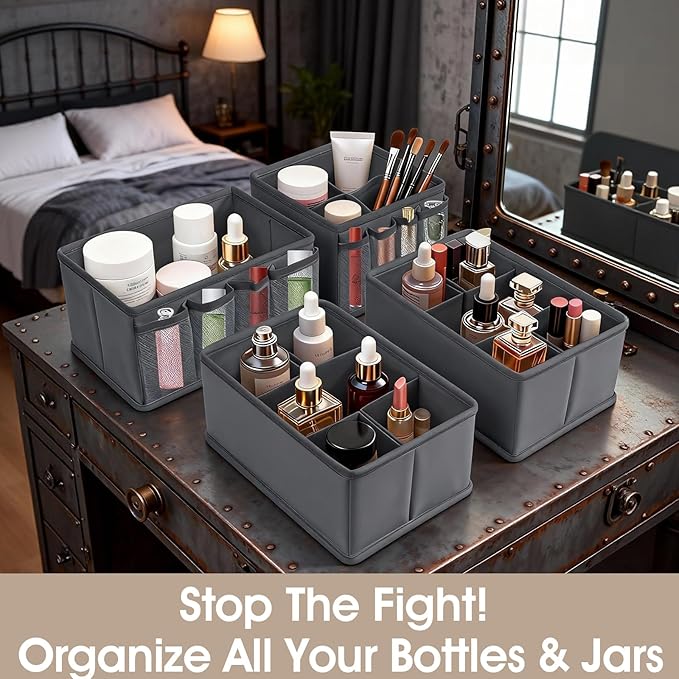 Cosmetic Storage Bins Makeup Organizer, Adjustable Multifunction Storage Box Desk Drawer Divider for Makeup Brushes, Bathroom Countertop or Dresser, Set of 4