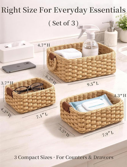 Storage Basket, Recycled Paper Rope Basket Organizer, 3Pcs Small Baskets for Organizing, Mini wicker Basket for Decorative Storage Bins, Shelves, Cabinet - Brown
