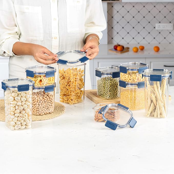 CELLO Stack Lock 9 Pack Airtight Fridge Storage Containers BPA Free for Dry Food, Legumes, Spices (900ml, 450ml + 1300ml) x 3 each, Blue