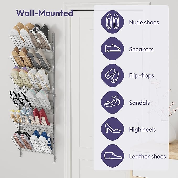 SWTYMIKI Over the Door Shoe Organizer - Adjustable 6 Tier Hanging Shoe Rack Organizer, Metal Heavy Duty Behind Door Storage or Wall Mount Shoes Shelf for Flats, Heels, Sneakers, Boots, Silver