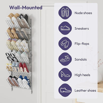 SWTYMIKI Over the Door Shoe Organizer - Adjustable 6 Tier Hanging Shoe Rack Organizer, Metal Heavy Duty Behind Door Storage or Wall Mount Shoes Shelf for Flats, Heels, Sneakers, Boots, Silver