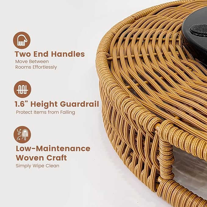 12 Inch Rattan Lazy Susan Organizer for Cabinet, Round Rotating Wicker Turntable Serving Tray with Handles for Kitchen Counter, Coffee Table