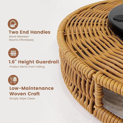 12 Inch Rattan Lazy Susan Organizer for Cabinet, Round Rotating Wicker Turntable Serving Tray with Handles for Kitchen Counter, Coffee Table