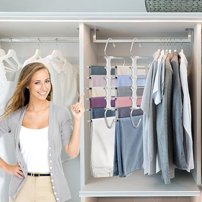 Upgrade 6 Layers Pants Hangers Space Saving, 2Pack Stainless Steel Multifunctional Rack Non Slip S-Type Clothes Jean Hanger Closet Organizer for Jeans Leggings Trousers Skirts Scarf, White