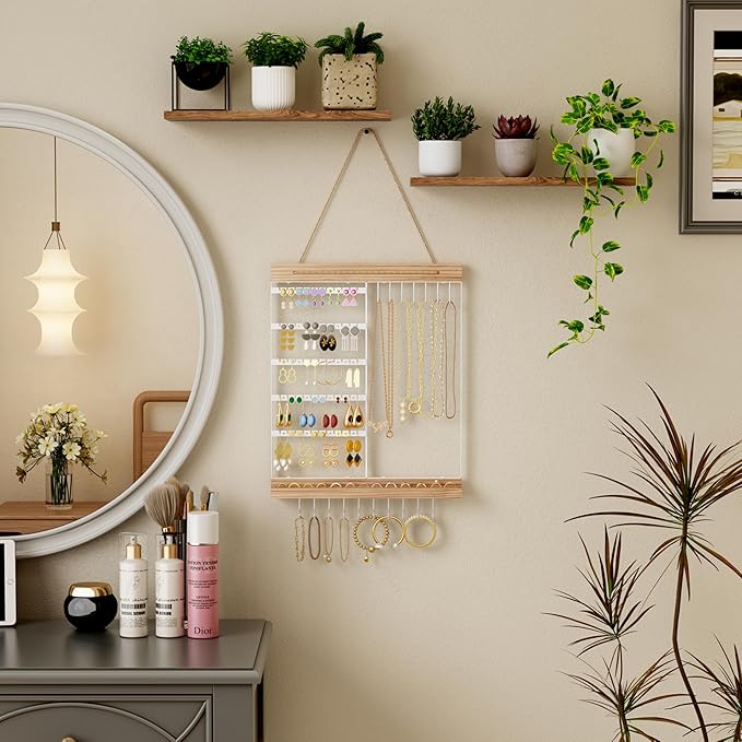 Feyejade Hanging Jewelry Organizer and Storage, 5-Tier White Earring Necklace Holder Jewelry Display Organizer Stand Rack, Wall Mounted for Earrings Necklaces Bracelets and Rings, White
