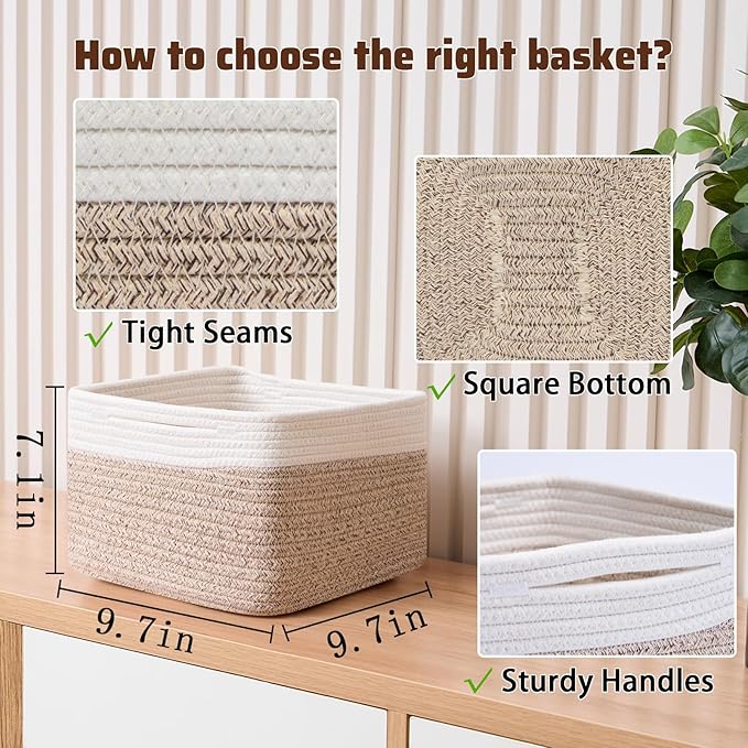 MiniArk Small Organizing Baskets for Cubes Shelf, 9.7x9.7x7.1 Inch Rope Woven Storage Bins for Nursery Shelves Storage, Cute Toy Basket, Square 3 Packs Off White Brown