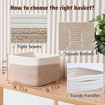 MiniArk Small Organizing Baskets for Cubes Shelf, 9.7x9.7x7.1 Inch Rope Woven Storage Bins for Nursery Shelves Storage, Cute Toy Basket, Square 3 Packs Off White Brown