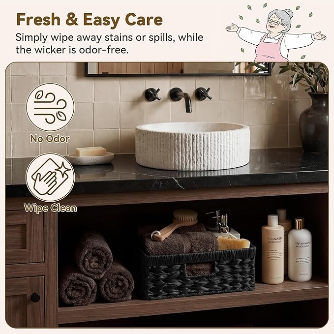 GRANNY SAYS Wicker Basket for Organizing, Wicker Storage Baskets for Shelves, Woven Baskets for Pantry Storage, Shallow Basket, Black, 1Pack