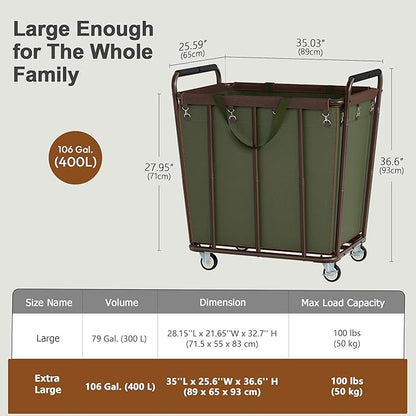 Hoctieon Large Laundry Cart with Wheels, 400L Heavy Duty Laundry Basket Organizer, Rolling Hamper Sorter for Clothes Storage, Industrial Dirty Clothes Hamper for Home & Hotel, Green+Brown