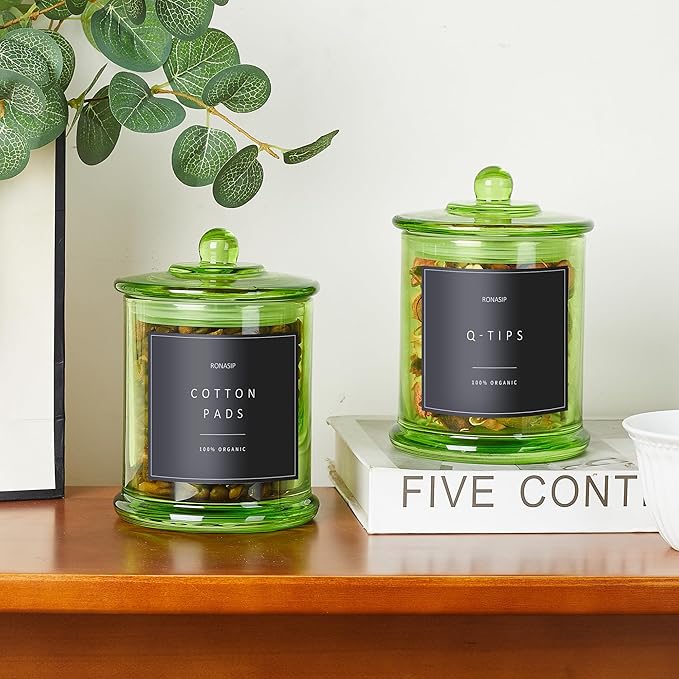 Ronasip Qtip Holder & Cotton Pad Dispenser, Bathroom Organizer and Storage Canisters, 16oz Glass Apothecary Jars for Kitchen, Restroom - Home Decor Accessories, Room Decor Aesthetic (2 Pack, Green)