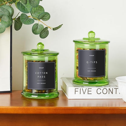 Ronasip Qtip Holder & Cotton Pad Dispenser, Bathroom Organizer and Storage Canisters, 16oz Glass Apothecary Jars for Kitchen, Restroom - Home Decor Accessories, Room Decor Aesthetic (2 Pack, Green)