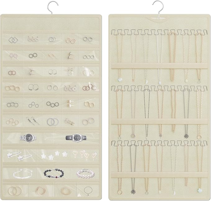 Hanging Jewelry Organizer Storage Roll, Double-Sided Necklaces Holder, 42 Pockets Plus 36 hooks Earrings Organizer Hang in Closet, On Wall, or Doors, Beige