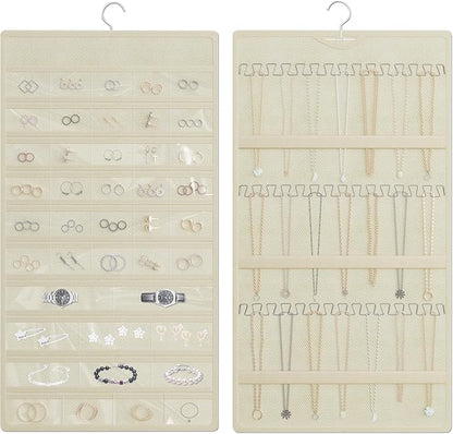 Hanging Jewelry Organizer Storage Roll, Double-Sided Necklaces Holder, 42 Pockets Plus 36 hooks Earrings Organizer Hang in Closet, On Wall, or Doors, Beige