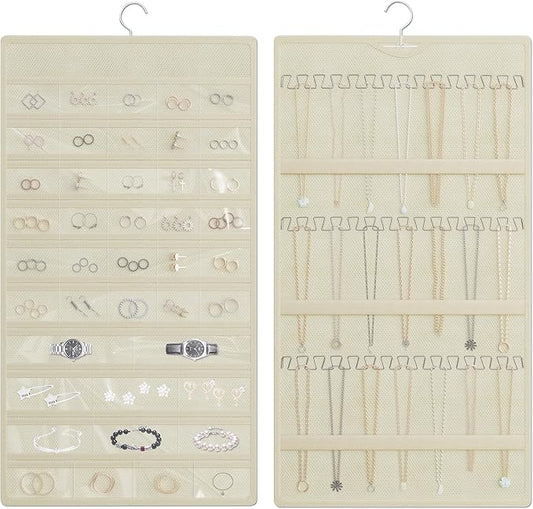 Hanging Jewelry Organizer Storage Roll, Double-Sided Necklaces Holder, 42 Pockets Plus 36 hooks Earrings Organizer Hang in Closet, On Wall, or Doors, Beige