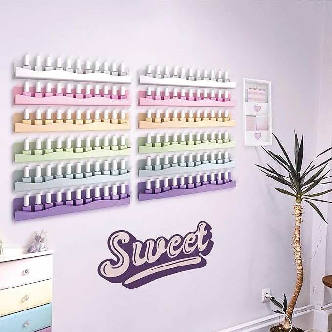 6 Colors Nail Polish Wall Mounted Shelf,15 Inch Nail Polish Floating Shelves for 66-90 Bottles Multi-Purpose,Ideal Gift, Great Display for Salons Retailers,6 pack