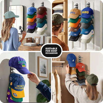 2 Pack Hat Organizer for Baseball Caps, Hat Rack for Wall Hold Up to 20 Hats, Hat Holder with Strong Adhesive and Screws, Hat Organizer Wall Mounted Hat Hanger Display for Door Closet Bedroom(B-Black)