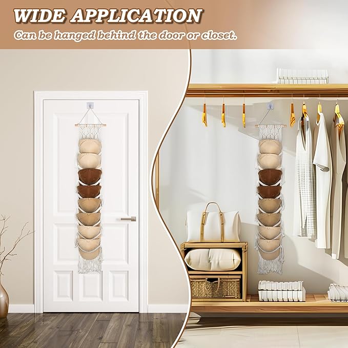 Macrame Hat Hangers for Wall Handmade Boho Baseball Cap Hanger Hand Knitting Cap Organizer Hat Holder for Wall Over Door Ball Hat Rack for Decoration Wardrobe Living Room Bedroom