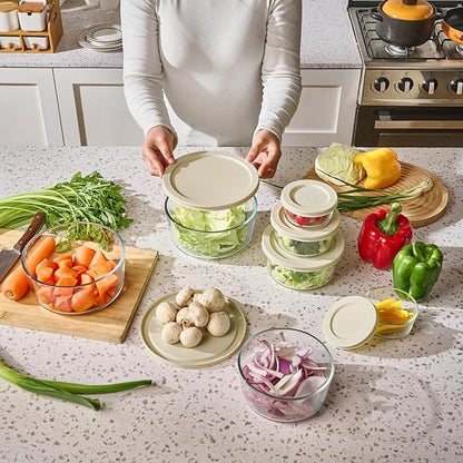 12-Piece Glass Food Storage Containers Set (6 Containers + 6 BPA-Free Lids) | 4-Cup, Leakproof | Microwave, Freezer, Oven & Dishwasher Safe | Ideal for Meal Prep & Pantry Organization, Beige