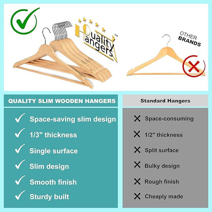 Quality Hangers Premium Slim Wooden Hangers 120 Pack - Thin Space Saving Hangers with 360 Degree Swivel Hook & Shoulder Groves Types of Clothing – Natural (120, Natural)