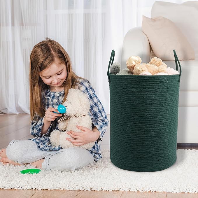 Woven Cotton Rope Laundry basket-15”X20” Laundry Hamper-Rope Storage Basket for Dirty Clothes, Toys and Blankets Perfect for Bathroom, Baby nursery and Living Room Storage (dark green)