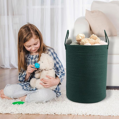 Woven Cotton Rope Laundry basket-15”X20” Laundry Hamper-Rope Storage Basket for Dirty Clothes, Toys and Blankets Perfect for Bathroom, Baby nursery and Living Room Storage (dark green)
