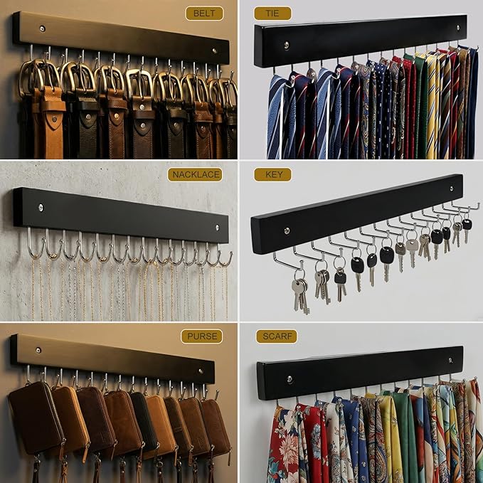 Wall Mounted Tie & Belt Rack Organizer - 2 Pack, 28 Hooks Hold 40 Ties & 40 Belts, 180° Rotating Space Saving Design, Sturdy Wood Decorative Wall Storage (Black)