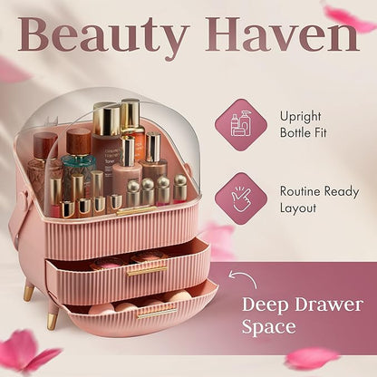 Covered Makeup Cosmetic Countertop - Large Cosmetic Organizer - Trendy Oval Shape Storage for Skin Care Organizer - Clear Lid, Storage Drawers, Carry Handle - Cute Stylish Decor Solution (Pink)