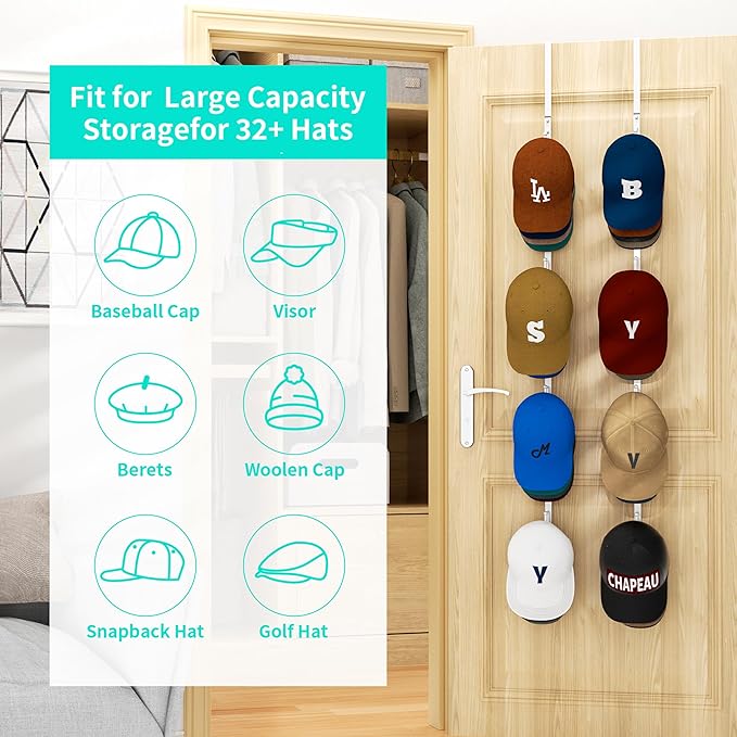 HapiRm Over Door Hat Rack - 2 Packs Hat Organizer with 8 Hooks Design, Hanging Baseball Cap Organizer Storage Holds Up to 40 Caps for Door, Bedroom, Closet (White)