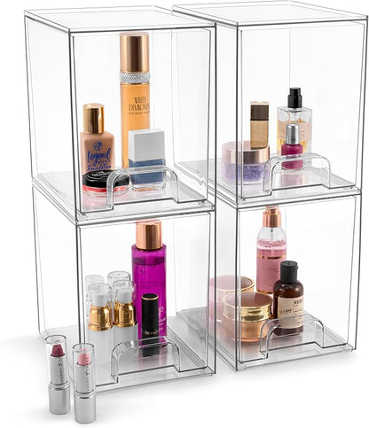 Sorbus Acrylic Storage Containers - 4 Pack, Stackable Storage Bins Set for Bathroom Organization - Clear Acrylic Drawer Organizers - Makeup Case Pull-Out Drawers (7.6’’ Tall)
