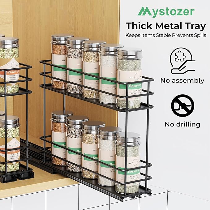 Mystozer Pull Out Spice Rack Organizer for Cabinet, Slide Out Spice Racks, Easy to Install Spice Cabinet Organizers, 5.2" Wx10.43 Dx8.26 H, 2 Packs 2 Tiers(Black)