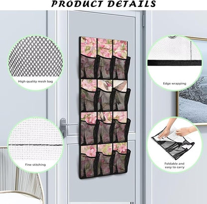 Hummingbird Floral Space Saving Hanging Shoe Organizer,Entryway Bedroom Bathroom Storage Bags with 12 Mesh Large Pockets,Unique Print