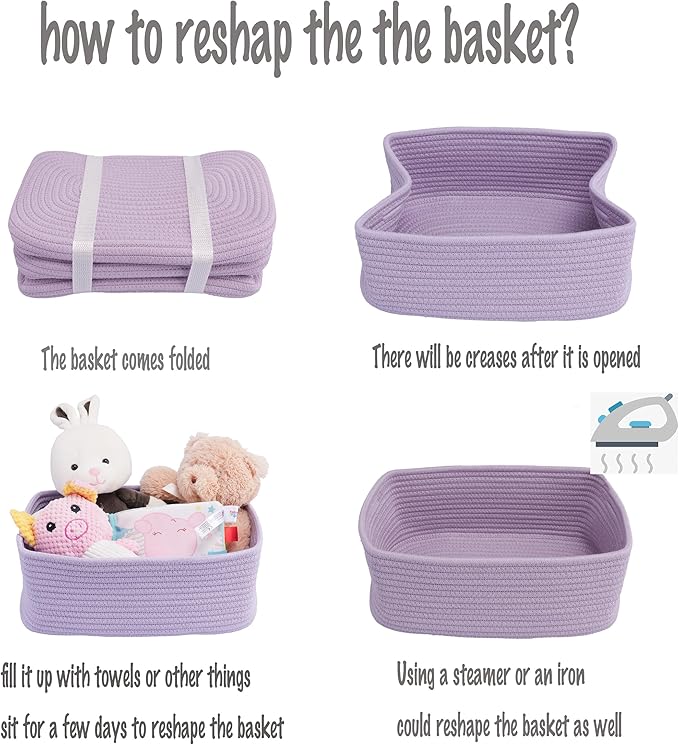 XUANGUO Small Woven Storage Baskets 13“X9”X5“ Decorative Rope Bins for Organizing Shelves, Closets, and Toys, Empty Gift Baskets, Cute Organizer Basket for Home and Office (purple, Large)