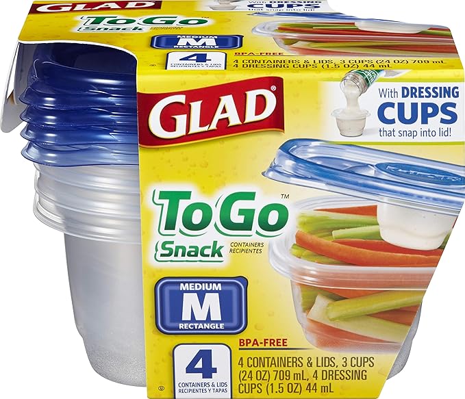 Glad GladWare To Go Snack Food Storage Containers with Lids, Medium Rectangle BPA Free Plastic with Built-In Dressing Cup for Salads and Snacks, Microwave Dishwasher Safe, 24 Oz, 4 Count - 6 Pack