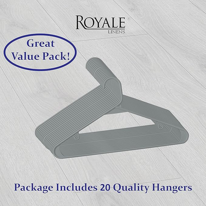 Royale Linens Plastic Hangers 20 Pack - Grey Clothes Hanger with Hooks – Heavy Duty Space Saving Coat Hangers Ideal for Everyday Use for Tops, Skirt, Dress, Shirts, Pants