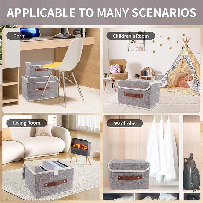 Small Storage Bin with Lid Storage Boxes,Collapsible Linen Storage Basket Container with Lid Storage Cube for Organizing Closets(Grey)