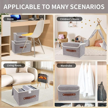 Small Storage Bin with Lid Storage Boxes,Collapsible Linen Storage Basket Container with Lid Storage Cube for Organizing Closets(Grey)